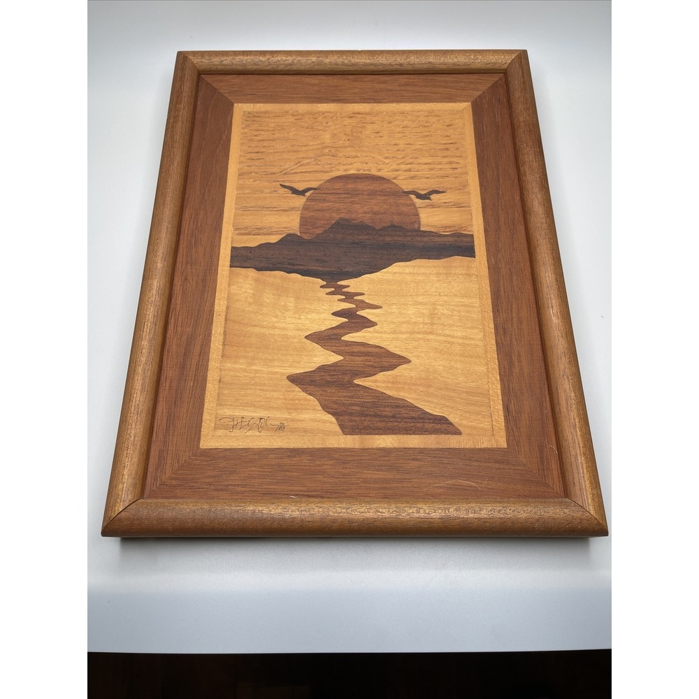 Vtg Hudson River Marquetry Mixed Wood‎ Inlay Art Picture Ocean Sunset Seascape